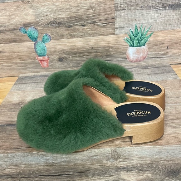 Swedish Hasbeens Fluff Clogs green on Anthropologie women’s size 6/ 36 - Picture 3 of 9
